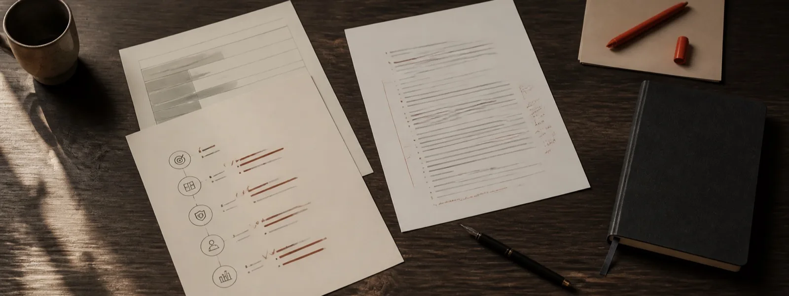 Printed training handouts and an annotated one-page policy sheet on a dark wooden desk