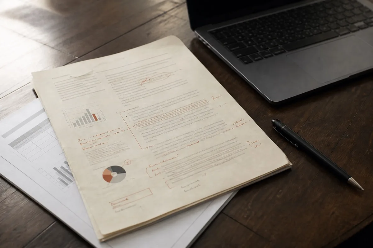 Annotated workshop printouts beside an open laptop on a dark wooden table
